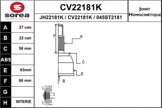 EAI CV22181K - Шарнірний комплект, ШРУС, приводний вал autozip.com.ua