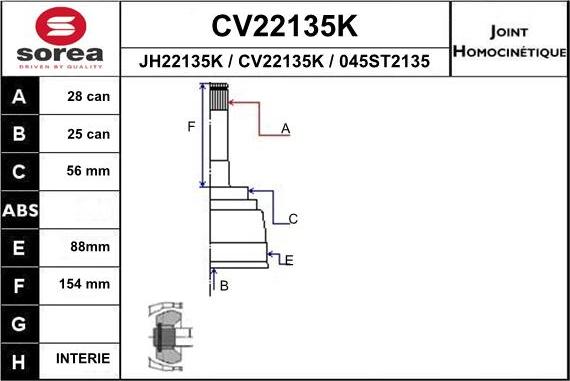 EAI CV22135K - Шарнірний комплект, ШРУС, приводний вал autozip.com.ua