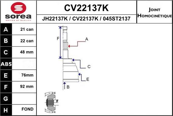 EAI CV22137K - Шарнірний комплект, ШРУС, приводний вал autozip.com.ua