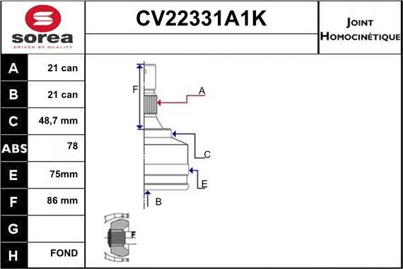 EAI CV22331A1K - Шарнірний комплект, ШРУС, приводний вал autozip.com.ua