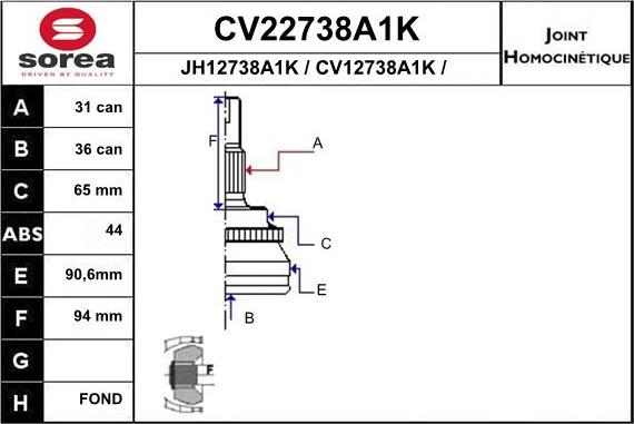 EAI CV22738A1K - Шарнір, ШРУС, приводний вал autozip.com.ua