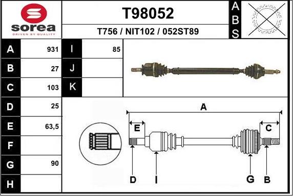 EAI T98052 - Приводний вал autozip.com.ua