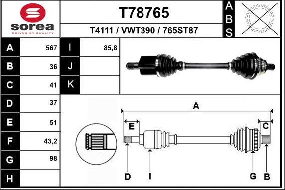 EAI T78765 - Приводний вал autozip.com.ua