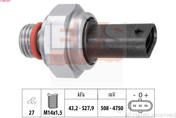 EPS 1.980.007 - Датчик тиску відпрацьованих газів BMW 1 F20-F21-3 G20-G80-5 G30-F90-Toyota Auris 1.6D-2.0D 15- autozip.com.ua