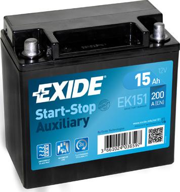Exide EK151 - Аккумулятор   15Ah-12v Exide AGM AUXILIARY 150х90х145.L.EN200 autozip.com.ua