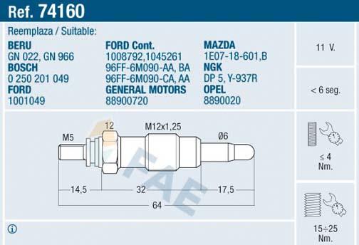 FAE 74160 - Свічка розжарювання autozip.com.ua