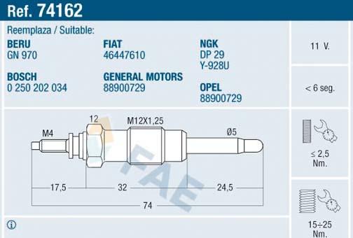 FAE 74162 - Свічка розжарювання autozip.com.ua