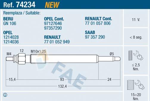 FAE 74234 - Свічка розжарювання autozip.com.ua