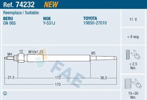 FAE 74232 - Свічка розжарювання autozip.com.ua