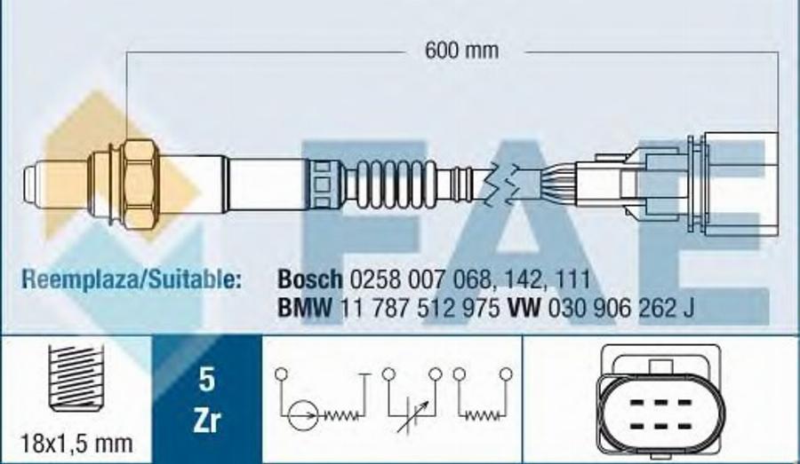 FAE 75001 - Лямбда-зонд, датчик кисню autozip.com.ua