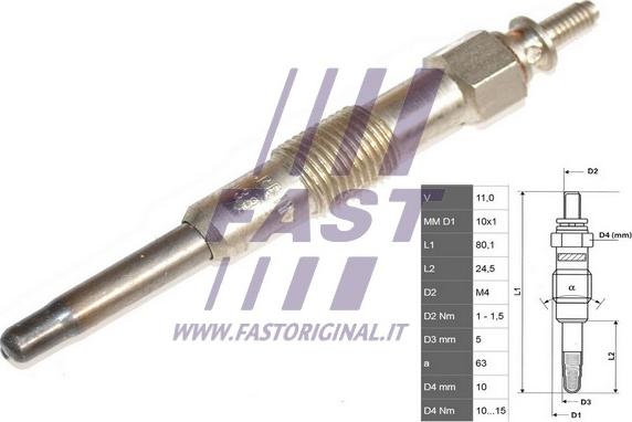 Fast FT82727 - Свічка розжарювання Peugeot Expert-Partner 1.9D 98-07-Citroen Berlingo 1.9D 98-08 autozip.com.ua