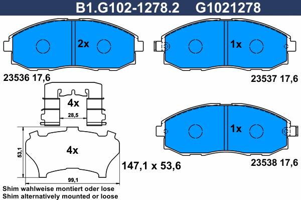 Galfer B1.G102-1278.2 - Гальмівні колодки, дискові гальма autozip.com.ua