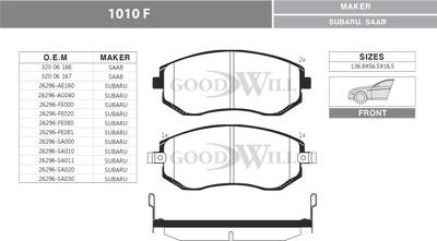 GoodWill 1010 F - Гальмівні колодки, дискові гальма autozip.com.ua