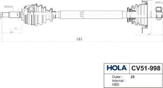 Hola CV51-998 - Приводний вал autozip.com.ua