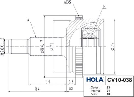 Hola CV10-038 - Шарнір, ШРУС, приводний вал autozip.com.ua