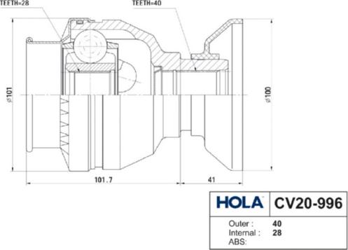 Hola CV20-996 - Шарнірний комплект, ШРУС, приводний вал autozip.com.ua