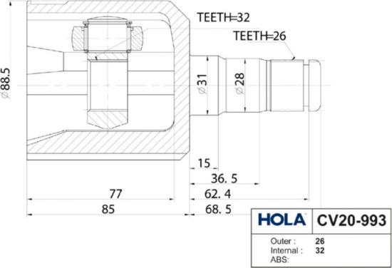 Hola CV20993 - Шарнірний комплект, ШРУС, приводний вал autozip.com.ua