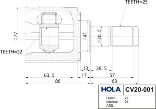 Hola CV20-001 - Шарнірний комплект, ШРУС, приводний вал autozip.com.ua