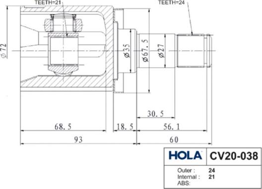 Hola CV20-038 - Шарнір, ШРУС, приводний вал autozip.com.ua