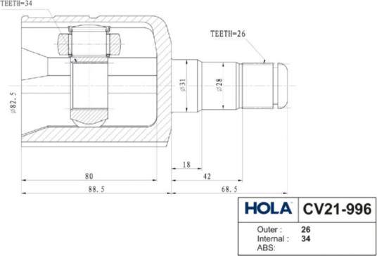 Hola CV21-996 - Шарнірний комплект, ШРУС, приводний вал autozip.com.ua