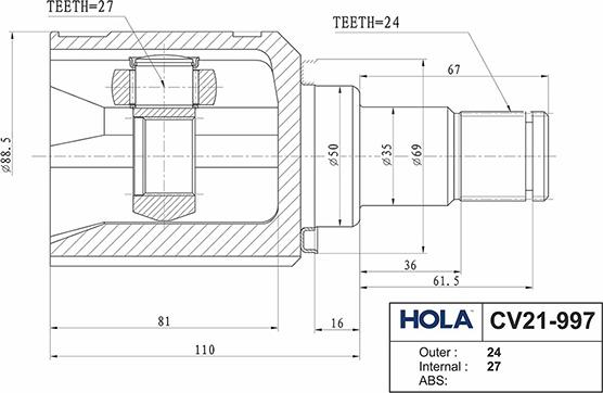 Hola CV21-997 - Шарнірний комплект, ШРУС, приводний вал autozip.com.ua