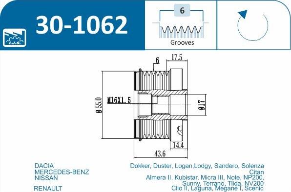 IJS GROUP 30-1062 - Ремінний шків, генератор autozip.com.ua