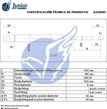 JUNIOR GS28881 - Газова пружина, кришка багажник autozip.com.ua