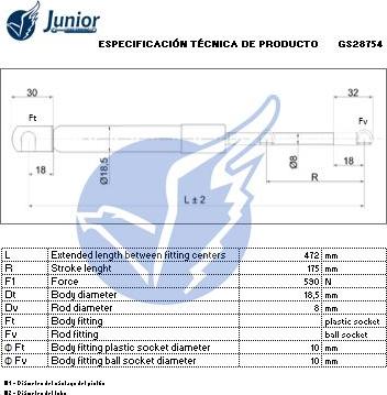 JUNIOR GS28754 - Газова пружина, кришка багажник autozip.com.ua