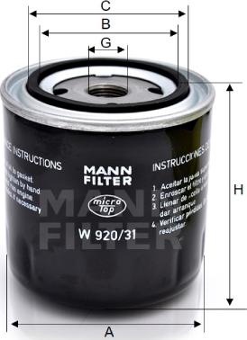 Mann-Filter W 920/31 - Масляний фільтр autozip.com.ua