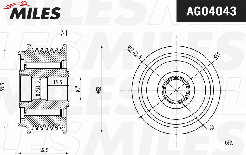 Miles AG04043 - Ремінний шків, генератор autozip.com.ua