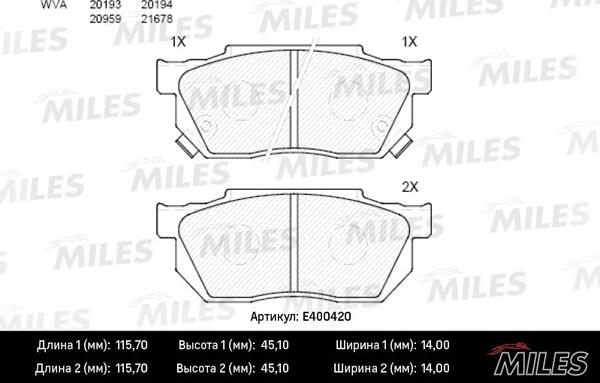 Miles E400420 - Гальмівні колодки, дискові гальма autozip.com.ua
