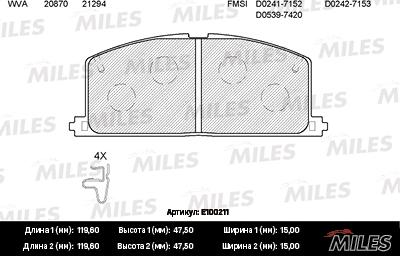 Miles E100211 - Гальмівні колодки, дискові гальма autozip.com.ua