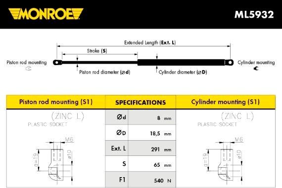 Monroe ML5932 - Газова пружина, капот autozip.com.ua