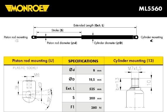 MONROE ML5560 - Газова пружина, капот autozip.com.ua