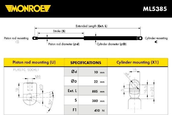MONROE ML5385 - Газова пружина, капот autozip.com.ua