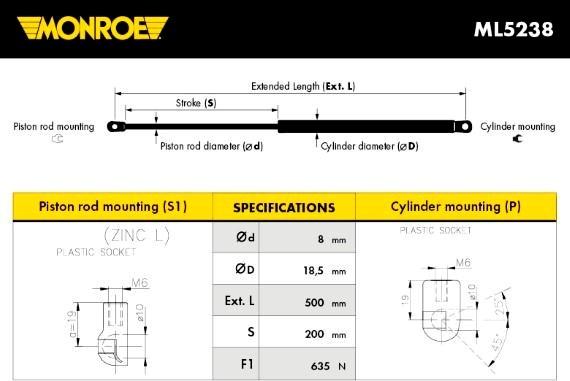 MONROE ML5238 - Газова пружина, кришка багажник autozip.com.ua
