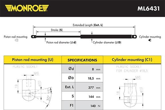 MONROE ML6431 - Газова пружина, капот autozip.com.ua