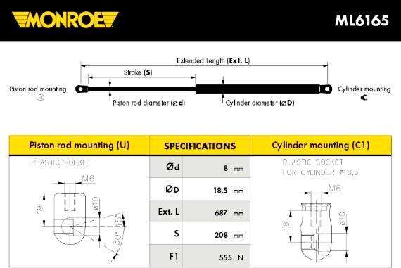 MONROE ML6165 - Газова пружина, кришка багажник autozip.com.ua