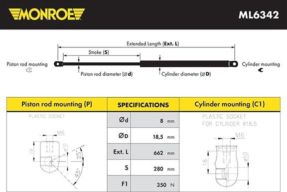 MONROE ML6342 - Газова пружина, капот autozip.com.ua