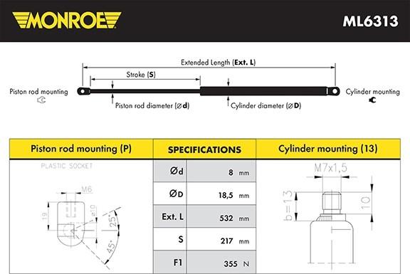 Monroe ML6313 - Газова пружина, капот autozip.com.ua