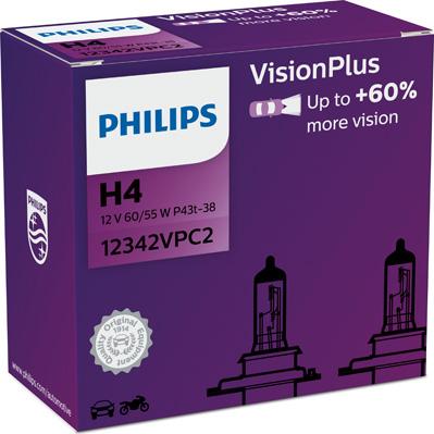 PHILIPS 12342VPC2 - Лампа накаливания H4 VisionPlus 60 12V 60-55W P43t-38 2шт пр-во Philips autozip.com.ua