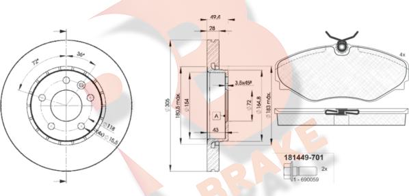 R Brake 3R14496845 - Комплект гальм, дисковий гальмівний механізм autozip.com.ua