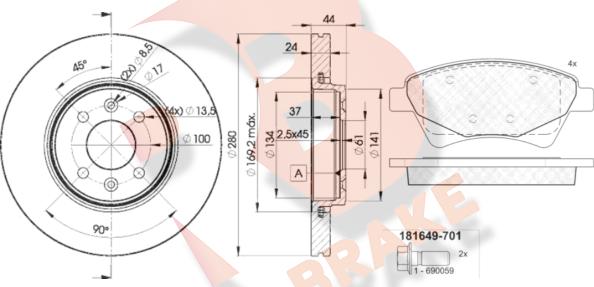 R Brake 3R16497829 - Комплект гальм, дисковий гальмівний механізм autozip.com.ua