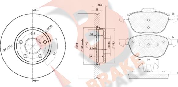 R Brake 3R16173963 - Комплект гальм, дисковий гальмівний механізм autozip.com.ua