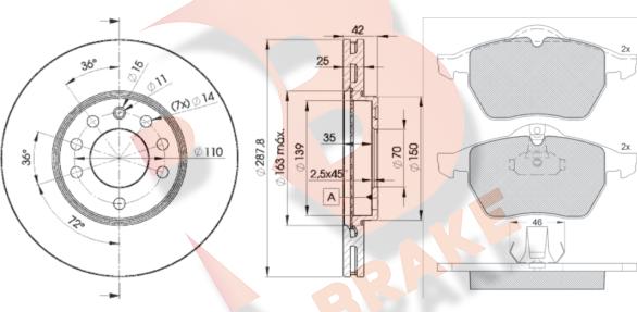 R Brake 3R11289043 - Комплект гальм, дисковий гальмівний механізм autozip.com.ua