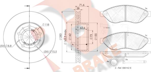 R Brake 3R18035622 - Комплект гальм, дисковий гальмівний механізм autozip.com.ua