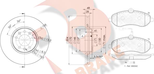 R Brake 3R18024755 - Комплект гальм, дисковий гальмівний механізм autozip.com.ua