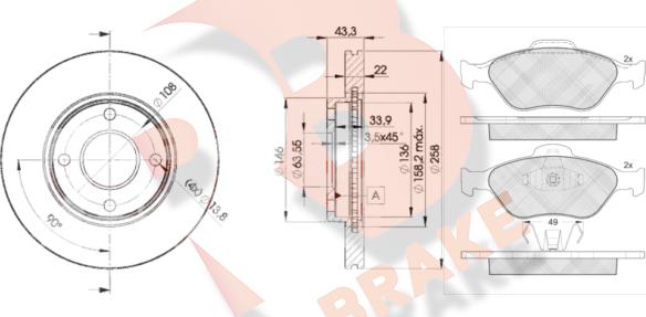 R Brake 3R13435344 - Комплект гальм, дисковий гальмівний механізм autozip.com.ua