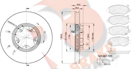 R Brake 3R13675612 - Комплект гальм, дисковий гальмівний механізм autozip.com.ua