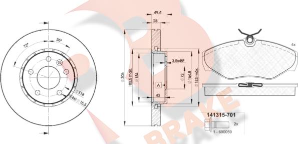 R Brake 3R13156845 - Комплект гальм, дисковий гальмівний механізм autozip.com.ua